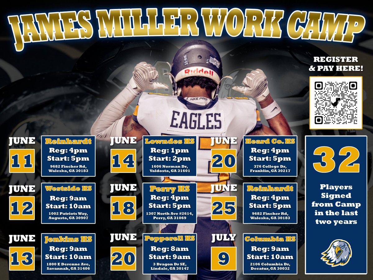 Our 2026 Prospect Camps are OPEN! Come WORK and earn an opportunity to be a RU Eagle! 16 players signed from our camps this year and 32 in the last two years! NO 40s🚫ALL WORK‼️🦅 Sign up below!
jamesmillerfootballcamps.com

#PAYthePRICE