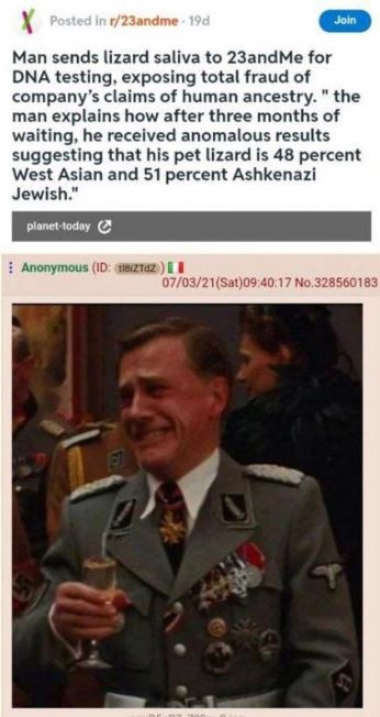 BabyD1111229's tweet image. Man sends lizard saliva to 23andMe for DNA testing, exposing total fraud of company's claims of human ancestry." 
The man explains how after three months of waiting, he received anomalous results suggesting that his pet lizard is 48 percent West Asian and 51 percent Ashkenazi…