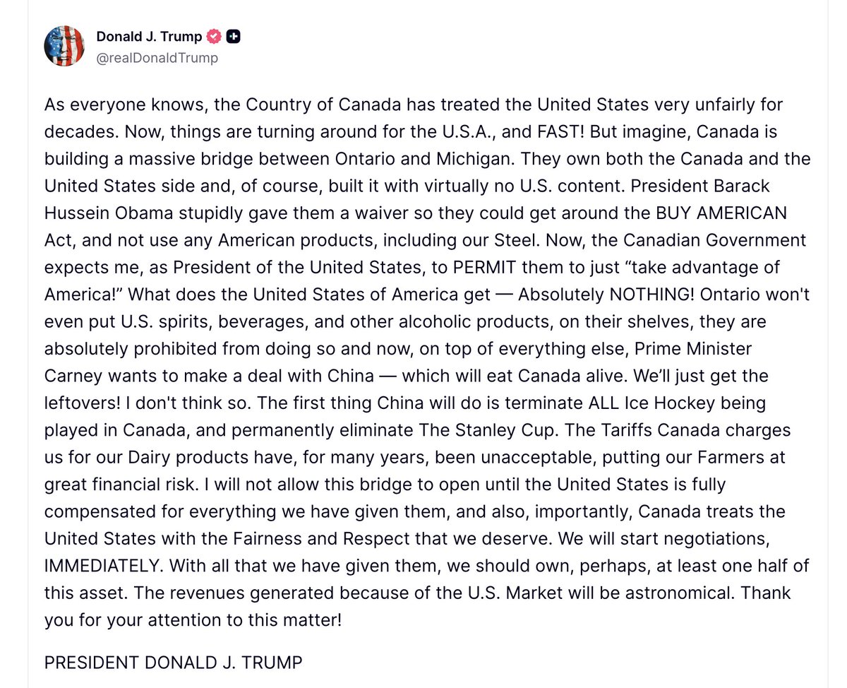 MrJoKeR604's tweet image. Canada funding for the Gordie Howe International Bridge: $6.4 Billion  

US funding for the Gordie Howe International Bridge: $0  

We gave you a new bridge for free, to benefit both of our countries. Don't start crying because YOU started a trade war and tariffed our products.