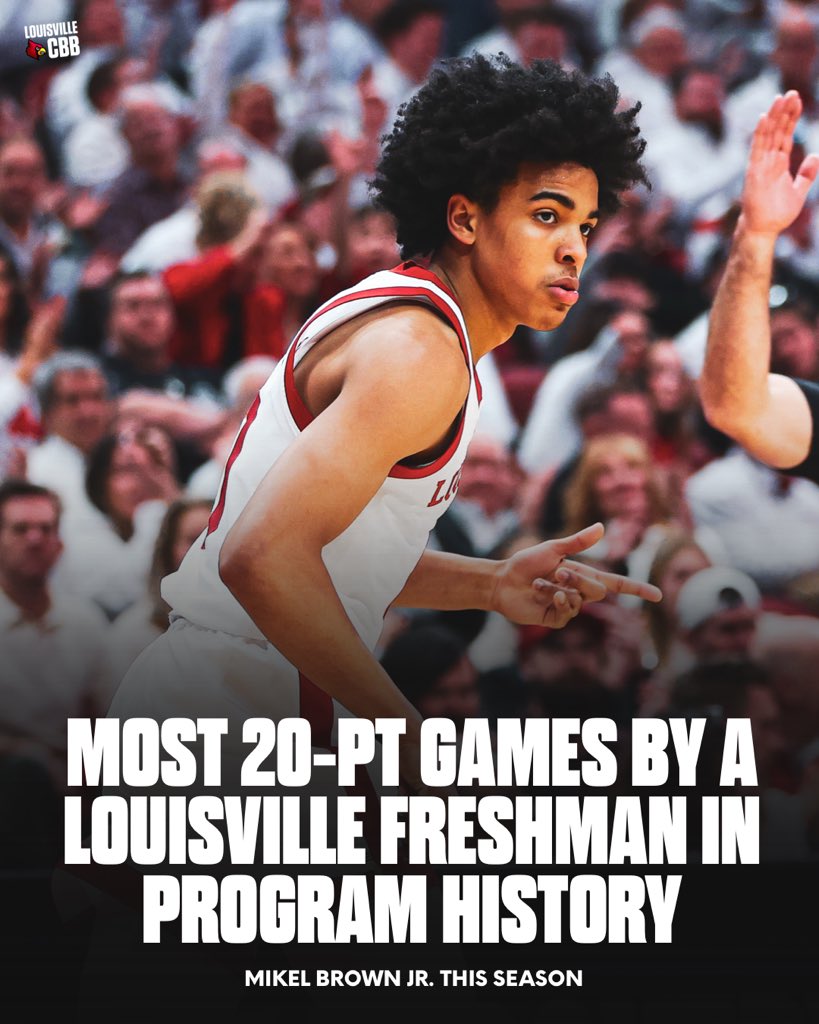 Louisvillecbb's tweet image. Mikel Brown Jr. has officially set the record for most 20-point games by a Louisville freshman in program history. #GoCards