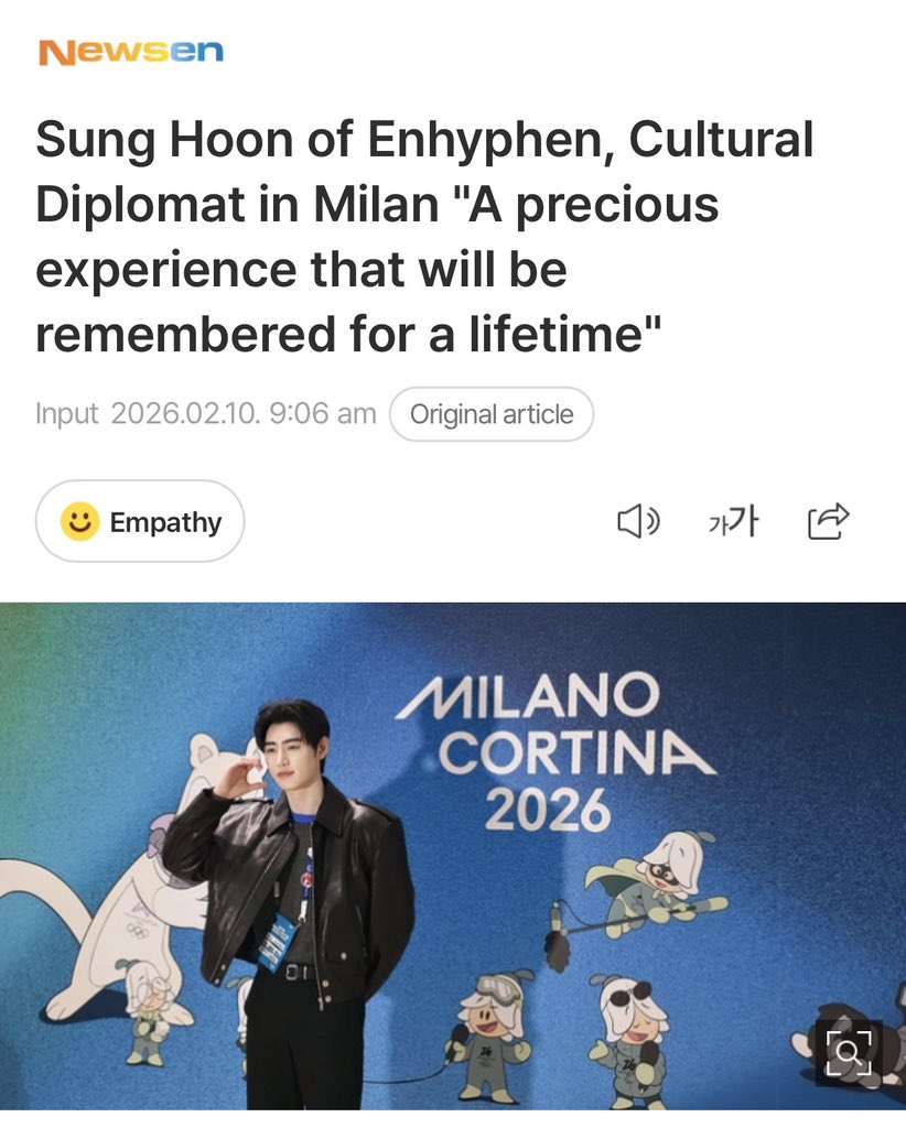 Hoonfotg's tweet image. Initially he just went there as Torchbearer and KSOC ambassador to promote Korean Sport

But due to his undeniable impact and international olympic committee notice , sunghoon serves as 

“Cultural diplomat in Milan”
“Guardian angle of winter olympic “ 

No wonder why South korea…