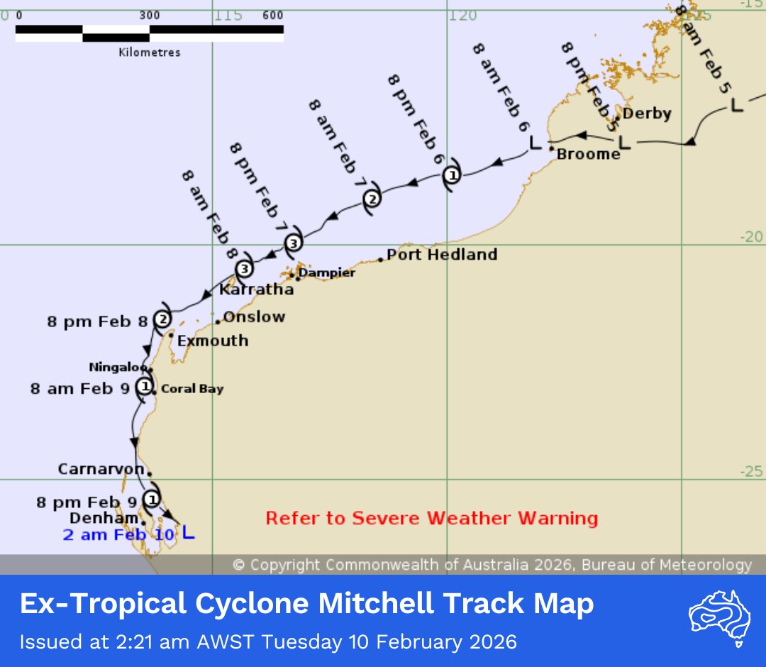 BOM_au's tweet photo. Ex-Tropical Cyclone Mitchell #21U has crossed the #Gascoyne coast & weakened below tropical cyclone strength as it moves inland.
It continues to bring a risk of heavy #rainfall & damaging winds through Tuesday for central & southern parts of #WA.
Latest: https://t.co/jlOoTZL1iF https://t.co/qdgaGwaW4l