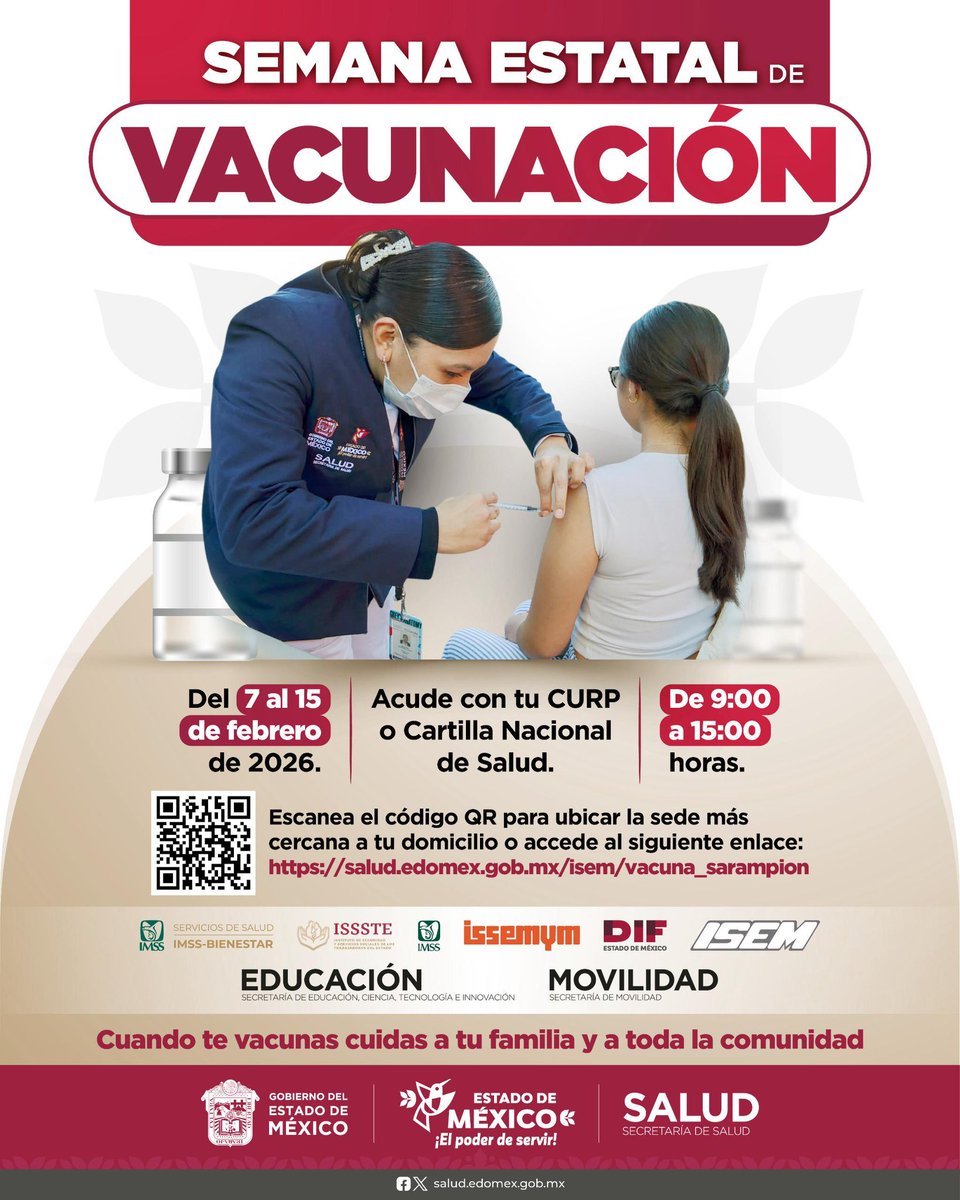 💉 ¡Somos el primer lugar en vacunas aplicadas contra el sarampión!
Si todavía no te has vacunado, acude con tu CURP o Cartilla Nacional de Vacunación a tu sede más cercana.
Conoce aquí las ubicaciones: salud.edomex.gob.mx/isem/vacuna_sa…