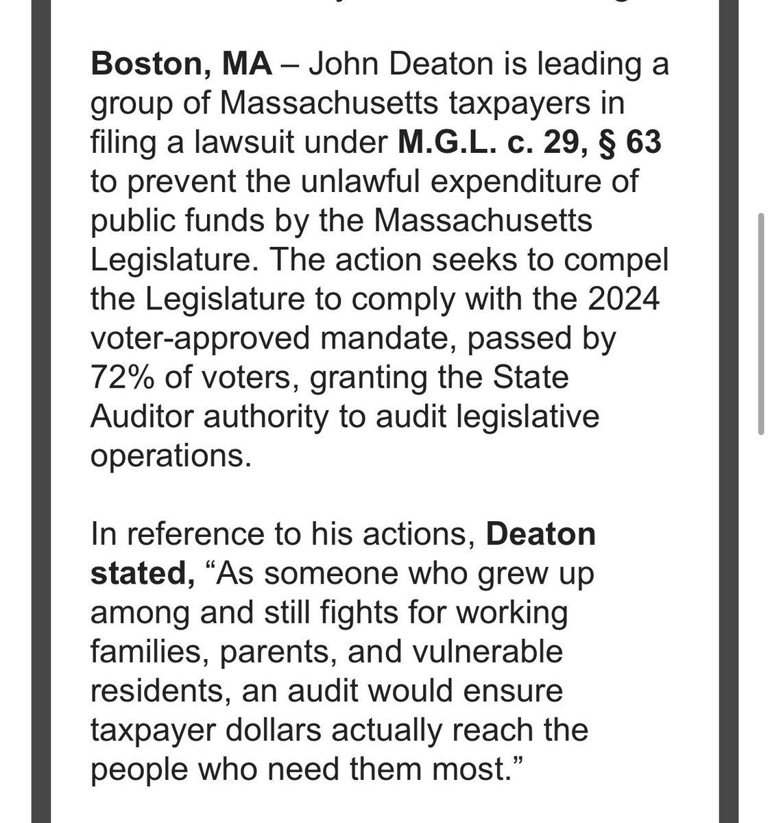 Inbox: Republican US Senate hopeful John Deaton says he’s filed a lawsuit to 
compel the Legislature to comply with Auditor Diana DiZoglio’s audit. #mapoli