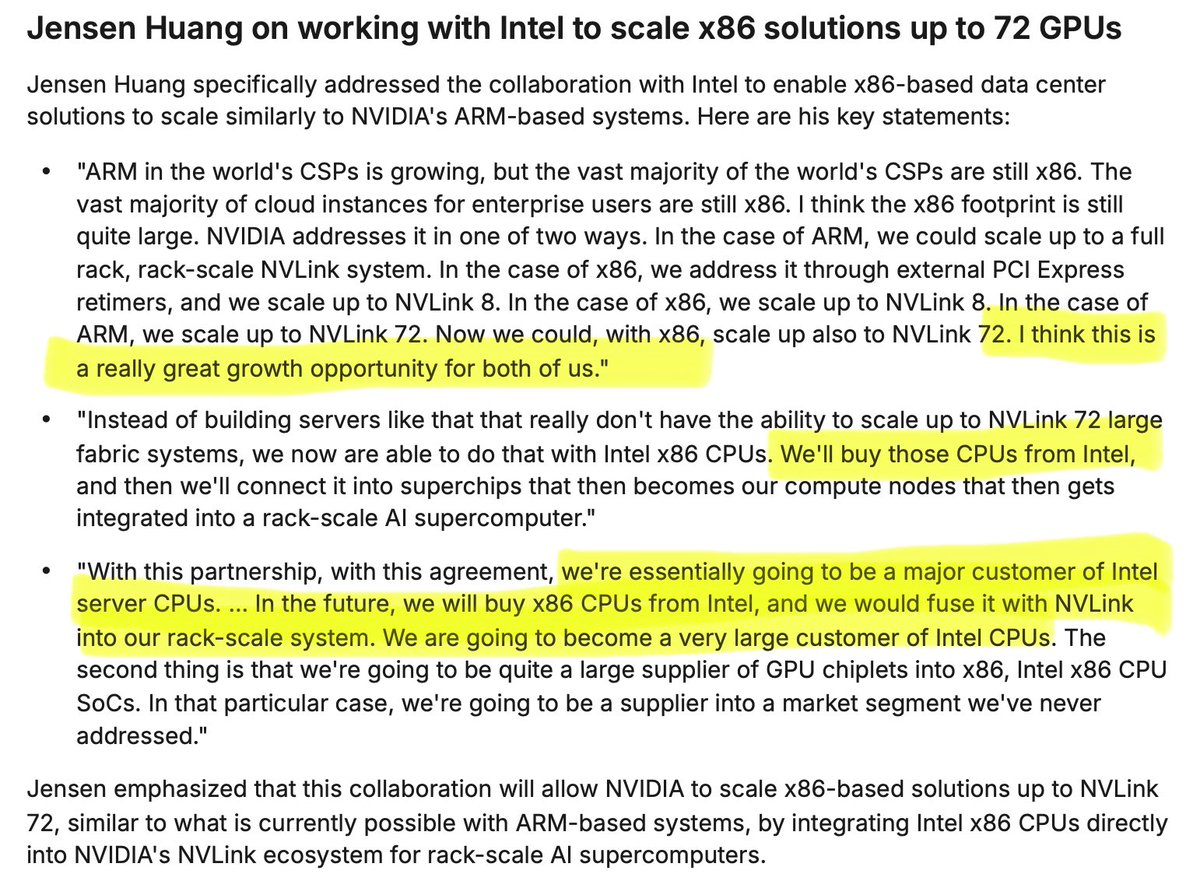 imnotharsh's tweet image. $INTC x $NVDA is going to do wonders. 

Don’t forget that Nvidia has equity stake in Intel. 

Nvidia and Jensen Huang already told you that they are “…going to be a major customer of Intel server CPUs. …In the future, we will buy x86 CPUs from Intel, and we would fuse it with