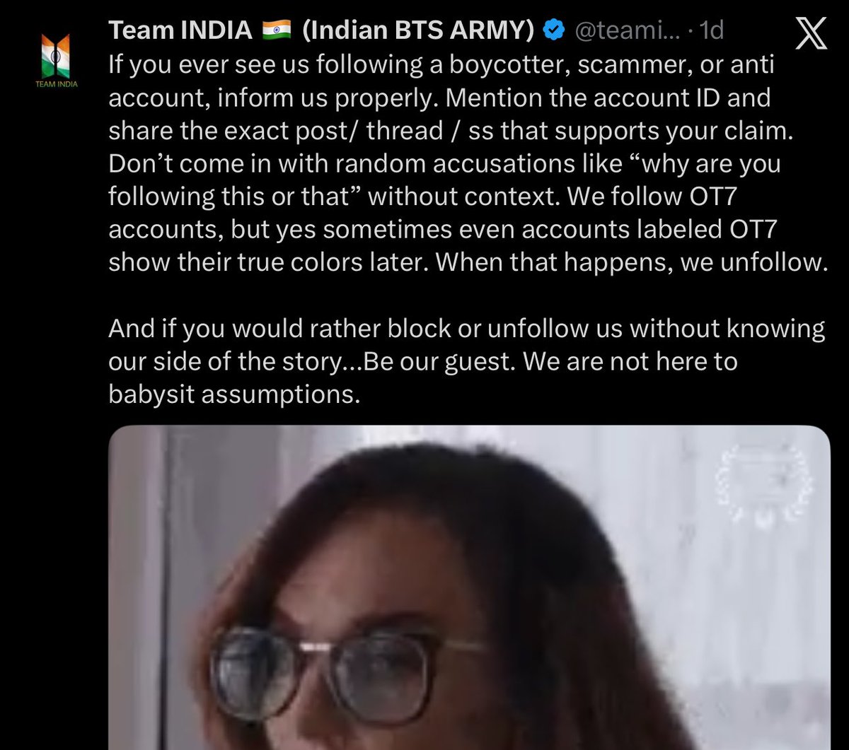 KMREPORTS's tweet image. It’s been a full day since @teamindiaforbts was informed that they were following a 🐥🐰 anti x.com/brattaex yet no action 

This is especially concerning given the proof that this taekooker was part of a group chat filled with antis manipulating efforts against 🐥🐰
