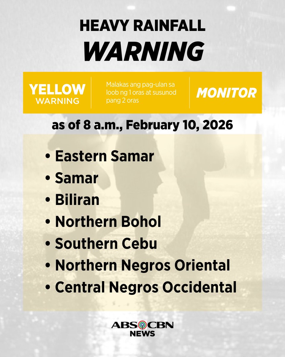 ABSCBNNews's tweet photo. PAGASA HEAVY RAINFALL WARNING #ShearLine
8AM, February 10, 2026
🟠 ORANGE LEVEL
• Leyte
• Southern Leyte
• northern and central Cebu
• northern Negros Occidental
🟡 YELLOW LEVEL
• Eastern Samar
• Samar
• Biliran
• northern Bohol
• southern Cebu
• northern Negros Oriental
• central Negros Occidental
⚠️ Widespread and serious flooding and landslides are expected in these areas.
Next update at 11 a.m. | #WeatherPatrol via @arielrojasPH
