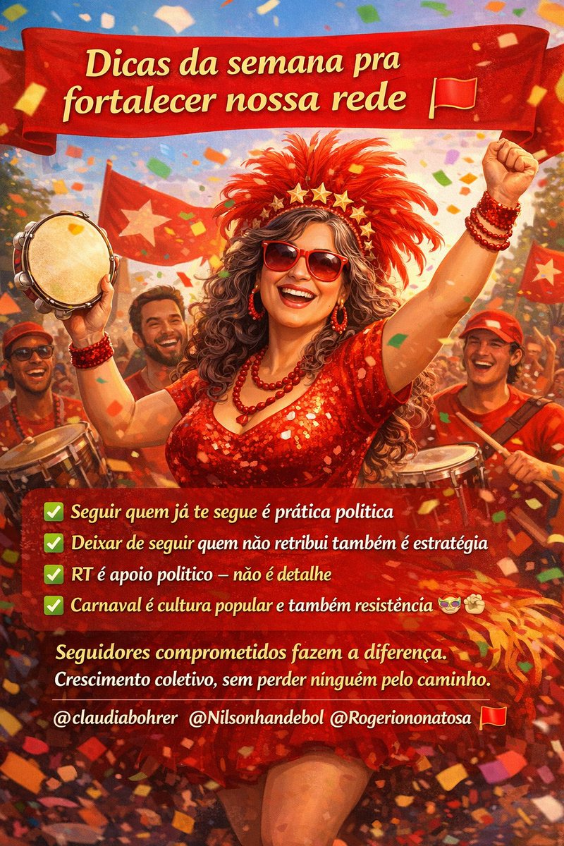 Dicas da semana pra fortalecer nossa rede 🚩
✅ Seguir quem já te segue é prática política
✅ Deixar de seguir quem não retribui também é estratégia
✅ RT é apoio político — não é detalhe
✅ Carnaval é cultura popular e também resistência 🎭✊
Seguidores comprometidos fazem a