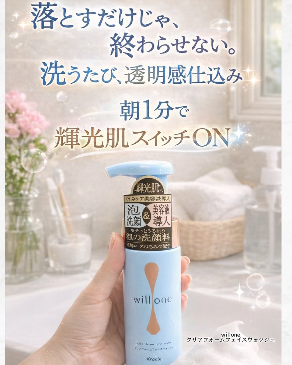 nori4940's tweet image. ［PR：willone］

🫧 落とすだけじゃ、終わらせない。
✨ 洗うたび、透明感仕込み。
☁️ 朝1分で、輝光肌スイッチON

最近の朝洗顔、これがスタメン🫧
willone クリアフォームフェイスウォッシュ☁️✨

#willone #クラシエ #くすみケア #洗顔 #輝光肌 #透明感 #モクモク泡
