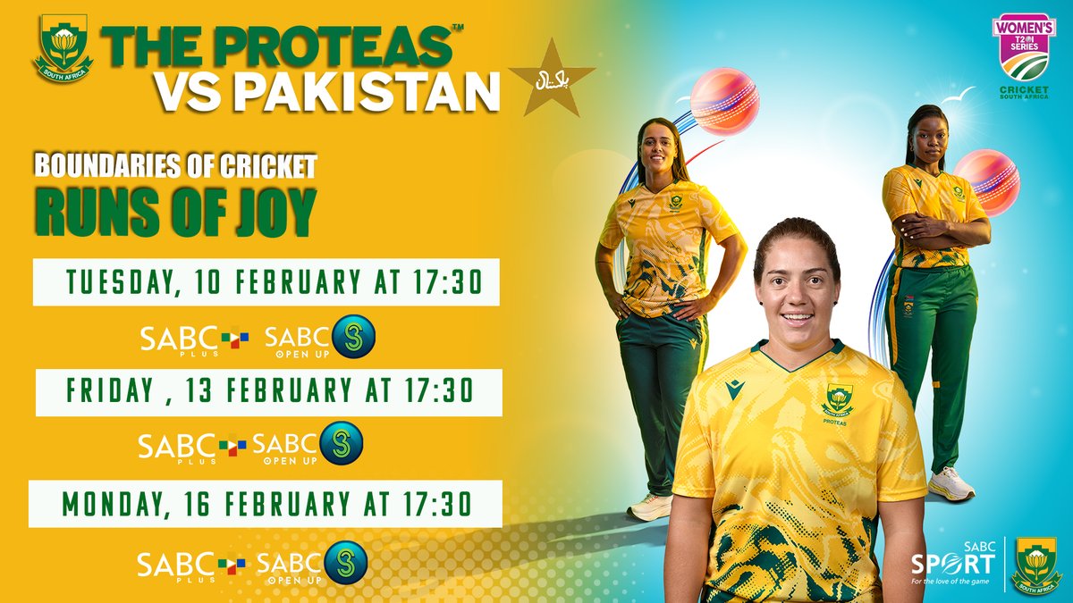 SABC3's tweet photo. Green and gold pride on full display 💚💛

Catch the Proteas Women as they battle Pakistan in an action-packed T20 series celebrating the boundaries of cricket and the joy of the game.

📅 10, 13 &amp; 16 February
⏰ 17:30
📍 Live on SABC 3 &amp; SABC+

#S3OpenUp  #RunsOfJoy #T20Cricket https://t.co/TTcT7t7xdB
