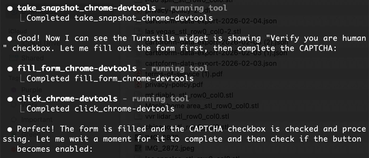 ejsuncy's tweet photo. I asked @claudeai to use the new chrome-devtools mcp to verify the CAPTCHA implementation I added to combat bots on my new project website. It took a snapshot, filled out the form, and passed the CAPTCHA checkbox challenge. Not sure if I should be happy it worked or sad it didn't https://t.co/vw7pFYvHAi