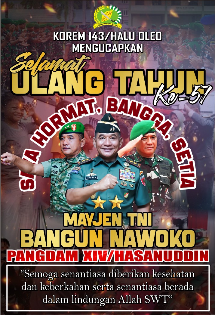 penrem143's tweet photo. Danrem 143/Halu Oleo beserta seluruh keluarga besar Korem 143/Halu Oleo mengucapkan :

Selamat Ulang Tahun Panglima Kodam XIV/Hasanuddin  Mayjen TNI Bangun Nawoko ke 57

#tniad
#tniprima
#kodamhasanuddin https://t.co/nGyK1TgCBf