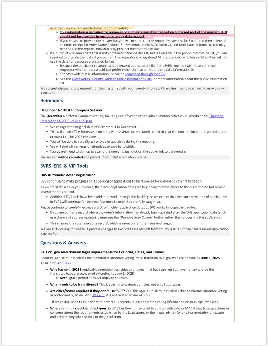 🚨🚨ILLEGAL DIRECTIVE

Sent out by MN Secretary State Office <a href="/MNSteveSimon/">Steve Simon</a> to all 87 MN Counties and he specifically tells them in BOLD to not give me the:

❌Voter Status and
❌Check Voter ID Status

He also REDEFINED the Master List and told Counties to only give me 3 fields