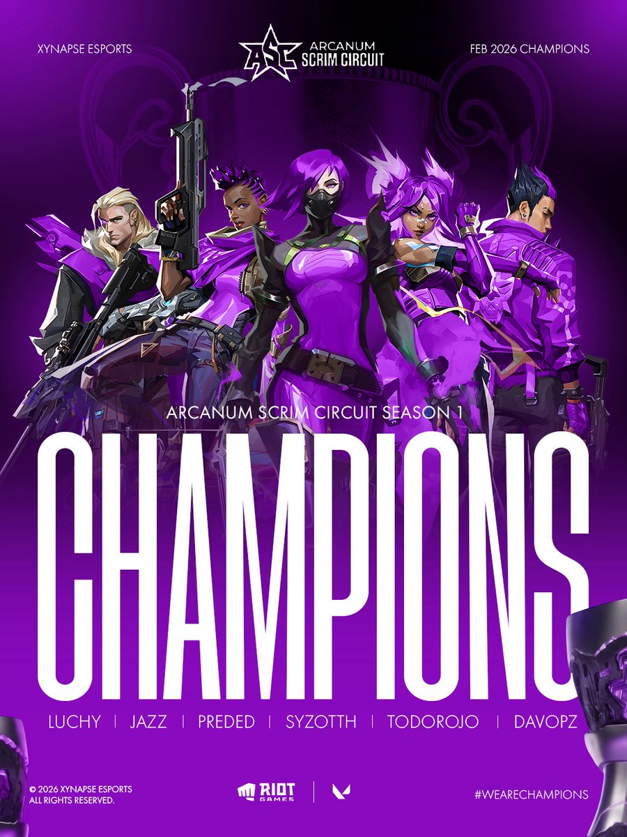 ¡GGs para todos, SOMOS CAMPEONES DEL ARCANUM SCRIM CIRCUIT! 💜🔥👑

Los muchachos dieron TODO en cada ronda, cada clutch y cada retake.🥵👌🏻
¡ENHORABUENA CHICOS!⚡️
<a href="/Syzotth/">Syzoth</a> <a href="/Luchybtww/">luchy</a> <a href="/7xstockert/">XYN Jazz</a> <a href="/TodoRojo_vl/">XYN TodoRojo</a> <a href="/Pr3deD/">XYN PязdeD🇨🇴</a>  <a href="/ByDavo121/">Davo🇨🇴</a> 
¡Este equipo no se detiene! 🚀