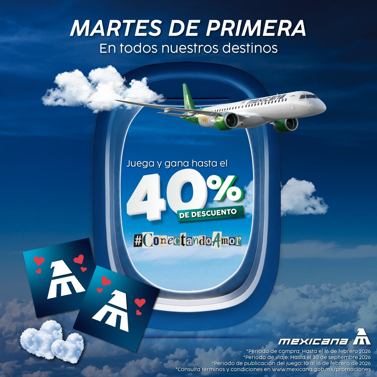 MexicanaVuela_'s tweet photo. 💙✈️ El amor está en los detalles… y en las coincidencias.
Este Martes de Primera, juega el memorama y gana hasta 40% de descuento para volar con quien más disfrutas viajar.

📲 Juega y descubre tu descuento
🌐 https://t.co/TgMwHkQQeN

#Mexicana #MartesDePrimera #ConectandoAmor https://t.co/j8jdSTuRvT