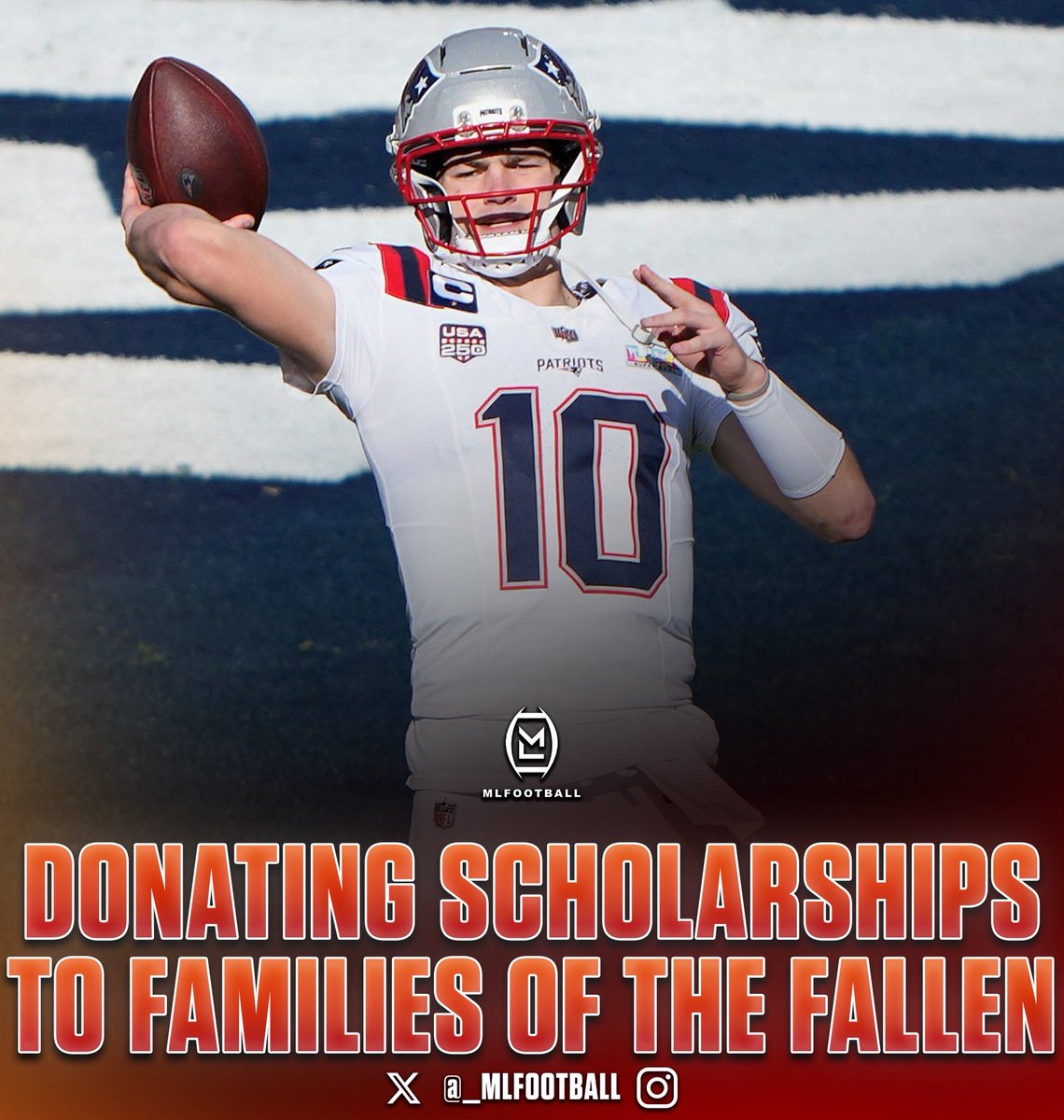 🚨🚨CLASS ACT🚨🚨

#Patriots star QB Drake Maye has been secretly donating scholarships that helps with the children of fallen military members and first responders.

Maye has already donated 14 scholarships to the Folds of Honor charity.

This is truly beautiful of Drake 👏❤️