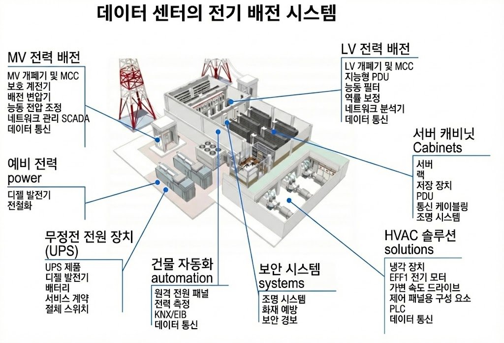 데이터센터의 전기 배 시스템
1. MV 전력 배전 (Medium Voltage Power Distribution)
외부 발전소에서 들어오는 높은 전압(특고압/고압)을 받아서 데이터 센터 내부로 분배하는 첫 관문입니다. 변압기 등을 통해 전압을 적절히 조정하여 내부로 보냅니다.

2. 예비 전력 (Back-up Power)
외부 전력