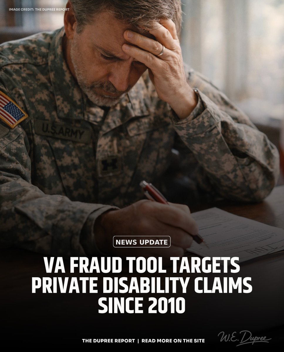 RealWayneDupree's tweet image. 🚨 VA launching fraud tool scanning 1M+ private disability claims — but only 3.7% of investigations actually target veterans. Who's really at risk? #VA #Veterans #DisabilityFraud

Details: thedupreereport.com/2026/02/va-dis…