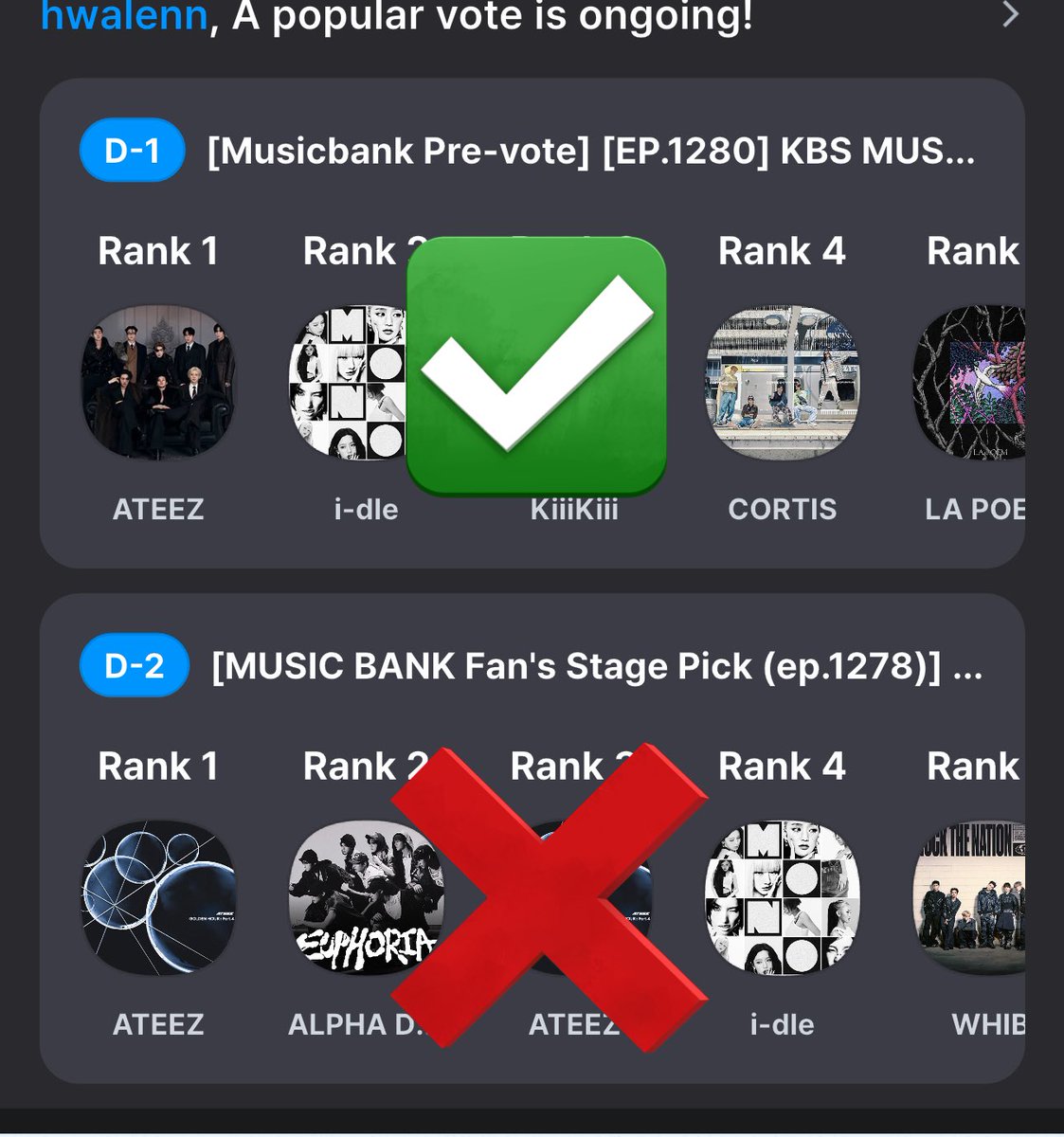 ateezrendezvouz's tweet image. atiny, this is wrong poll. we are not pushing for fan stage pick. please cast vote on music bank prevote and keep collecting for second week prevote as well. dont waste your heart on wrong poll