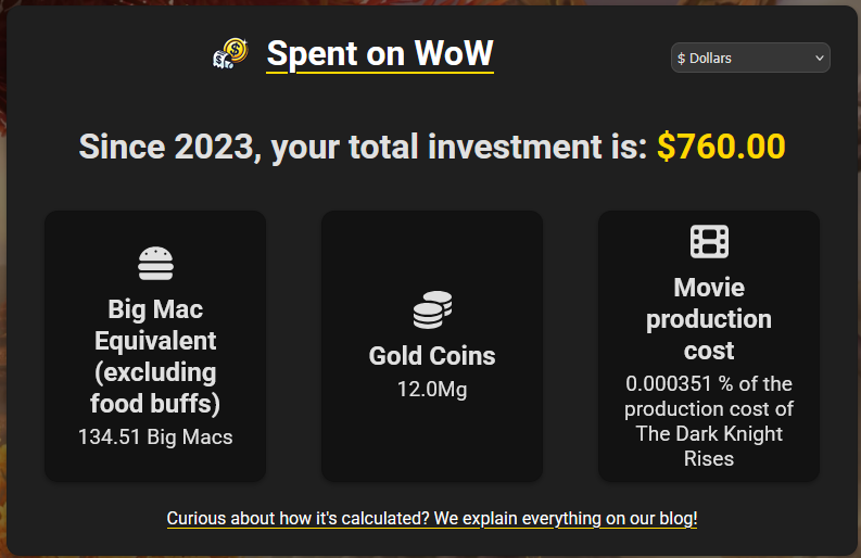 Ya se cuanto he gastado en WoW... Spoiler: $760.00 USD  (obviamente con oro no dinero real)💰⚔️ spentonwow.com #SpentOnWow #WoW