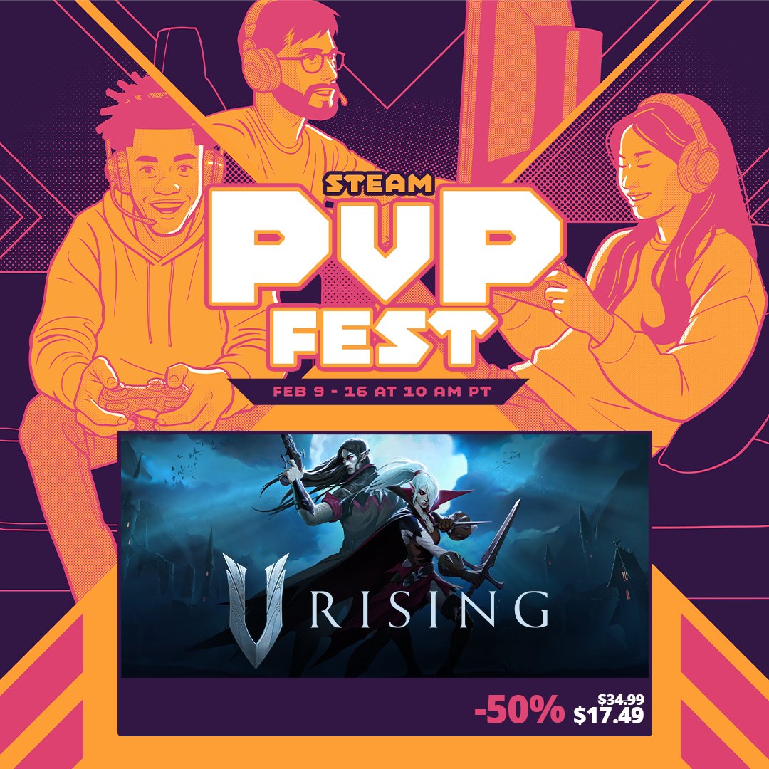VRisingKR's tweet photo. @Steam PvP Fest 참전! (2/9 ~ 2/16) 

지금 바로 V Rising을 할인가에 만나보세요! 
🧛 본편 50% 할인 🦇 모든 DLC 20% 할인

지금 Steam에서 확인하세요!
#VRising #브이라이징 #SteamSale #PvPFest  #V라이징 https://t.co/G1oOBiAKj0