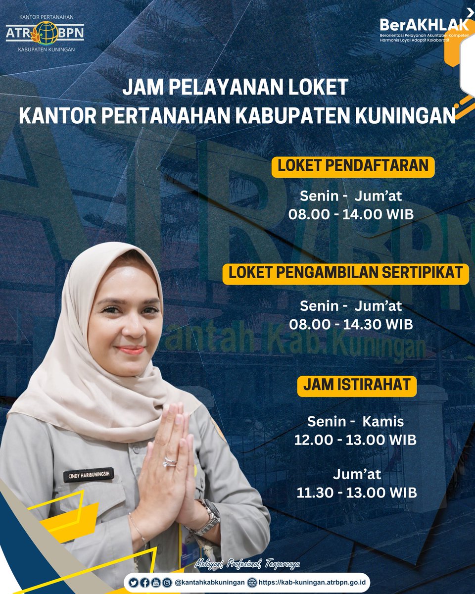 KantahKabKuning's tweet photo. Halo #SobATRBPN KantahKu 👋
—
Berikut jam Layanan Loket Kantor Pertanahan Kabupaten Kuningan.

Ayo urus sertipikat tanahmu
Langsung datang ke Kantor Pertanahan Kabupaten Kuningan.
Kami siap melayani ☺️🙏

#MelayaniProfesionalTerpercaya https://t.co/8ER8U1DpkO