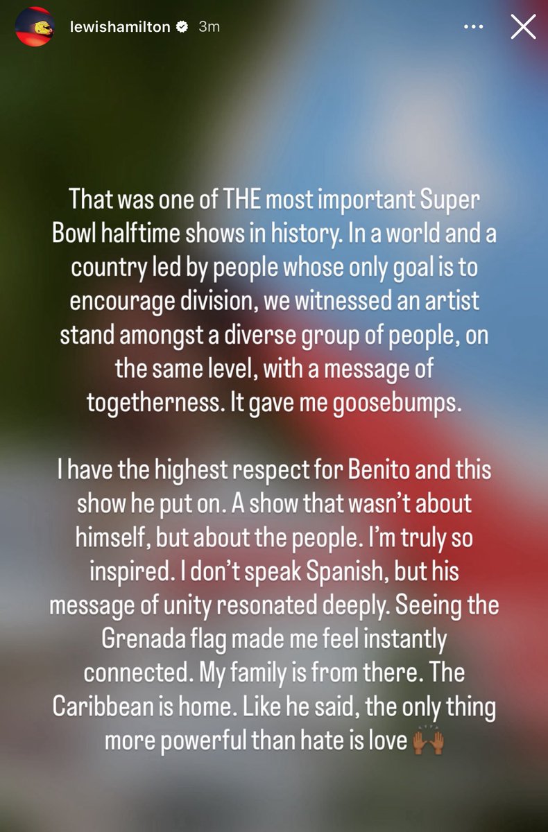 Lewis Hamilton le dedica unas palabras emotivas a Bad Bunny 🥺🐰

Tengo el mayor respeto por Benito y por el show que presentó. Un show que no trató sobre él mismo, sino sobre la gente. Estoy verdaderamente inspirado. No hablo español, pero su mensaje de unidad resonó