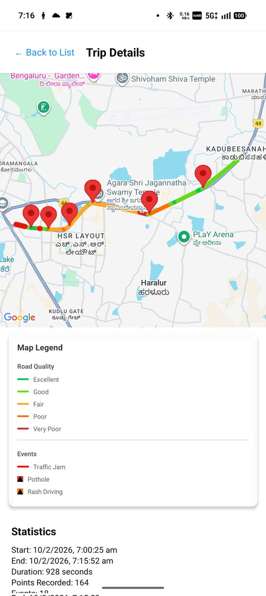 sreejithjayadev's tweet photo. Finally, the MVP is ready. Detect road conditions while you travel. Get an interactive map view. Detect potholes. A vibe coding product. #funproject @ChristinMP_ @blrcitytraffic @bengalurupost1 @namma_BTM @GBA_office @flyvenkat @rjwarrier https://t.co/mqC3PSXY5J