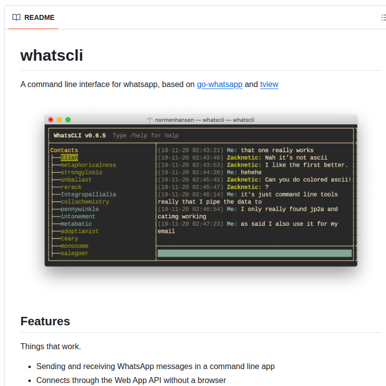 tom_doerr's tweet photo. WhatsApp client for the terminal

https://t.co/EApJvA9uOZ https://t.co/xABAAKsEJk