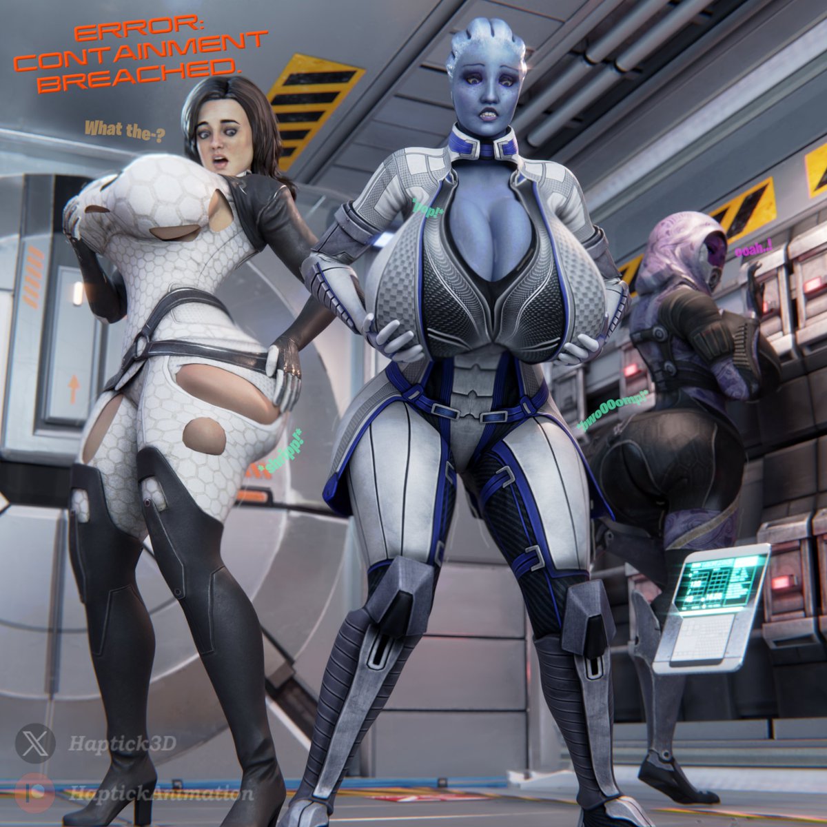 Haptick3D's tweet photo. Having spent the past few days on the verdant exo-planet's surface, Tali, Liara, and Miranda returned to the Normandy with samples in tow. Unfortunately however, it seems that the decontamination process reacted with the alien microbes in an expansive fashion. https://t.co/rCq3A5F7uH