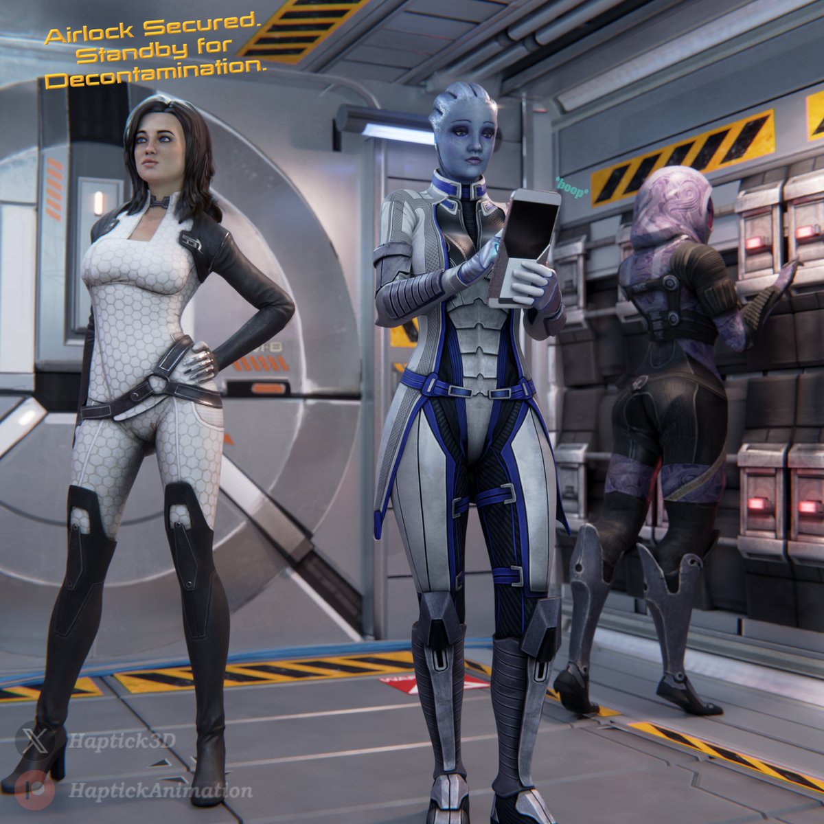 Haptick3D's tweet photo. Having spent the past few days on the verdant exo-planet's surface, Tali, Liara, and Miranda returned to the Normandy with samples in tow. Unfortunately however, it seems that the decontamination process reacted with the alien microbes in an expansive fashion. https://t.co/rCq3A5F7uH