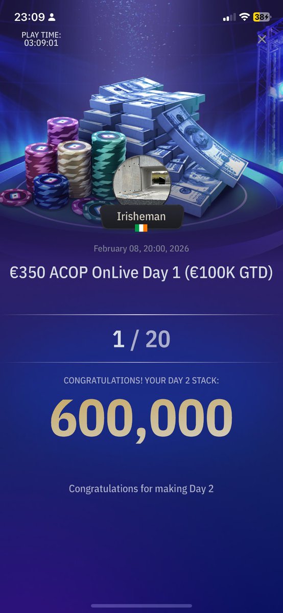 Irisheman's tweet photo. We found the virtual bag for the ACOP Day 2 on Sunday evening 🚀 🕺🏻@WPTGlobalIE @WPT @wpt_global great to have the satellites and online Day 1s https://t.co/ekbjbgAdWW