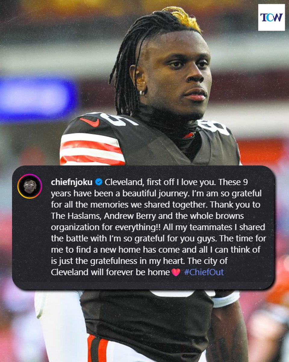 thecoldwire's tweet photo. TE David Njoku took to Instagram to announce his departure from the Browns.

Njoku spent the last 9 seasons as the Browns' main tight end, until the arrival of Harold Fannin Jr. last season.

Where will David Njoku land next? https://t.co/rjfww3GC3z