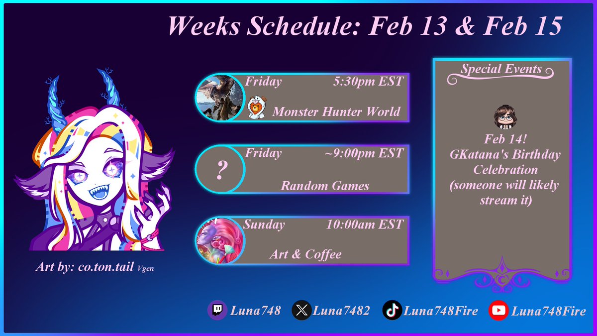 New week lets do this!

Friday 5:30pm EST - Monster hunter I know its different

Friday ~9pm EST - Random games might be some league maybe some Wildlands

Sunday 10AM EST - Art stream!