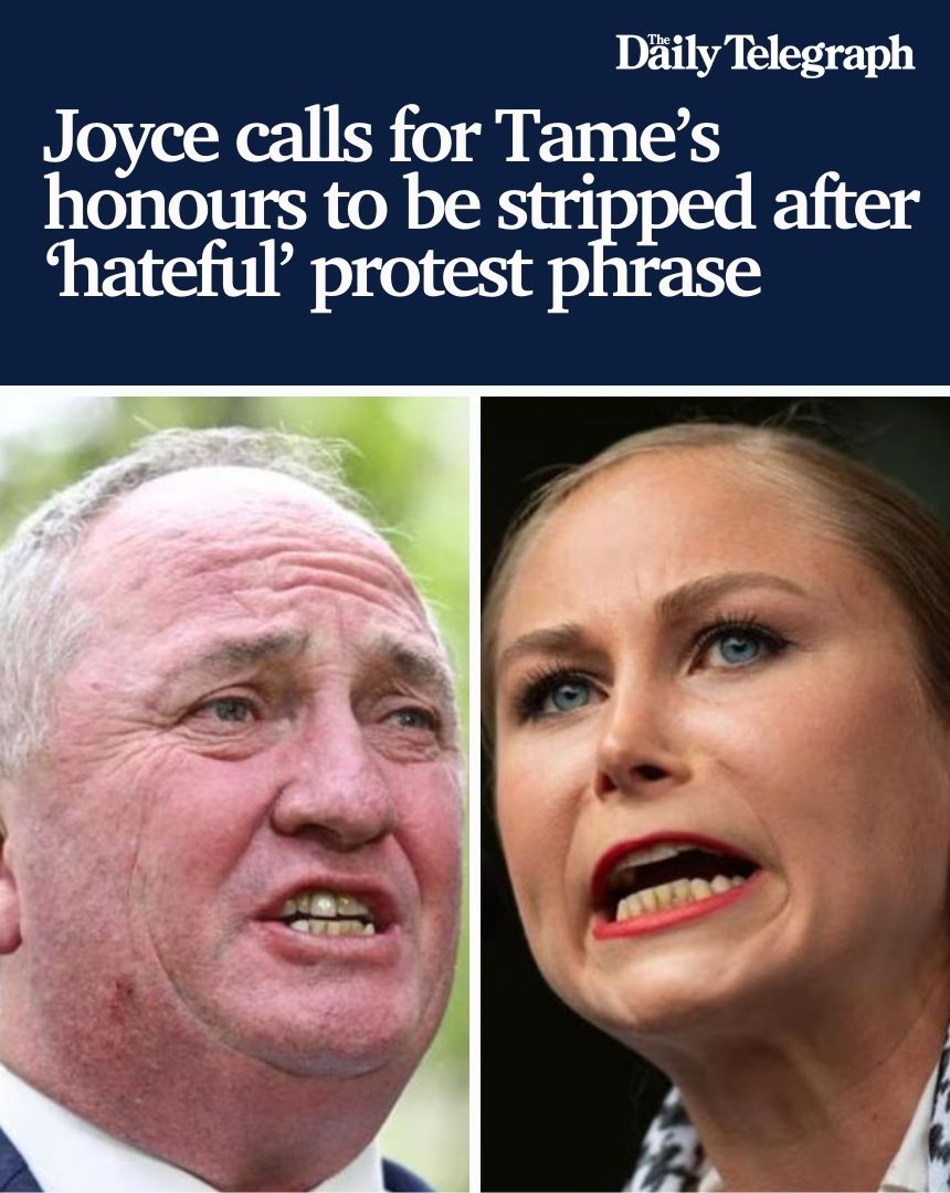 dailytelegraph's tweet photo. Ex-deputy prime Minister Barnaby Joyce has called for former Australian of the Year Grace Tame to be stripped of her honours after she told a Sydney protest to “globalise the intifada”. DETAILS: https://t.co/dqzamJoaeE https://t.co/8W2YlGM3Oq
