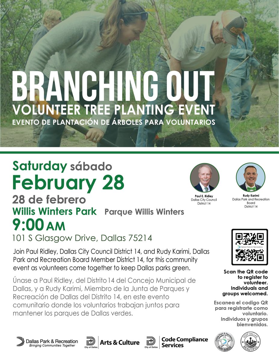 DallasParkRec's tweet image. 🌳 Branch into spring with #BranchingOut!
Help #DallasParks reforest our communities one park at a time! 

bit.ly/3NXYxvY

🌳 ¡Da la bienvenida a la primavera con #BranchingOut!
¡Ayuda a #DallasParks a reforestar nuestras comunidades, parque por parque!