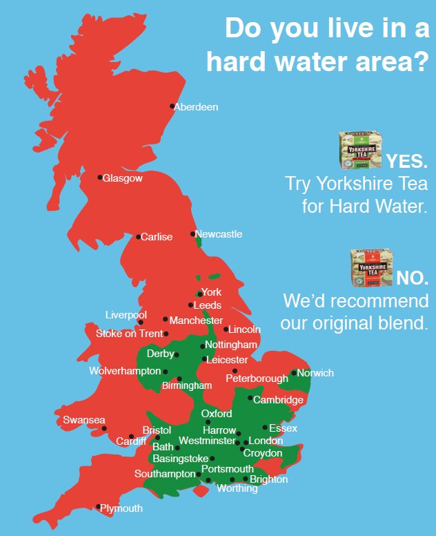 「イギリスは硬水だから〜」とロンドン＝イギリスの人たちが吹聴して回ってるの、罪深い。
「UKの水質は、地域による」が正解。
ヨークシャーティーも、「あなたの住む地域(水質)によっておすすめは変わります」なのよ。
yorkshiretea.co.uk/brew-news/have…