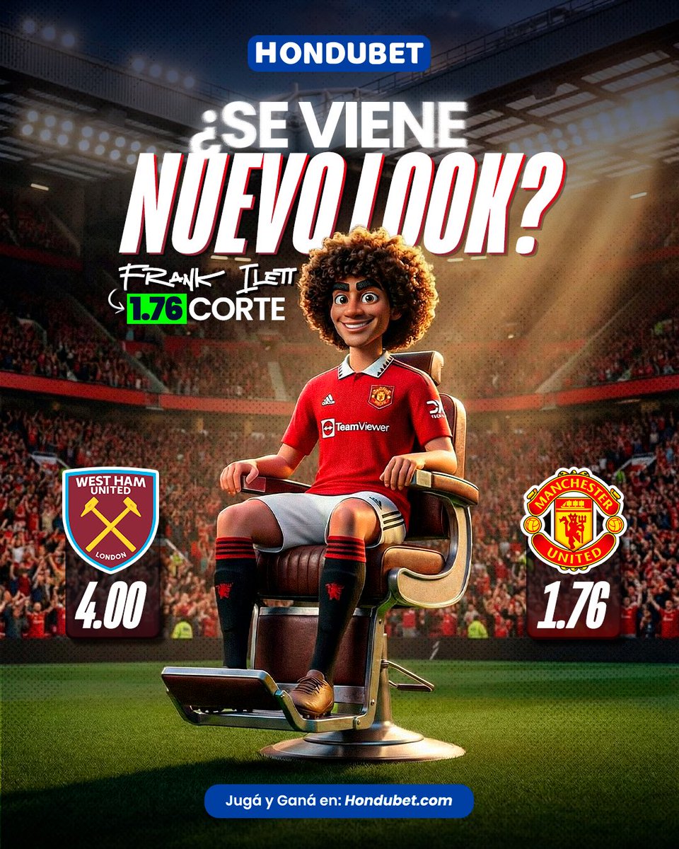 Si el United gana su 5° partido al hilo… Frank pierde el afro. 💈🔥

La racha está viva y el corte también está en juego.
¿Se viene nuevo look o se rompe la seguidilla?

Meté tu jugada y apostá al partido en Hondubet.com. ⚽💸

#Hondubet #ManchesterUnited