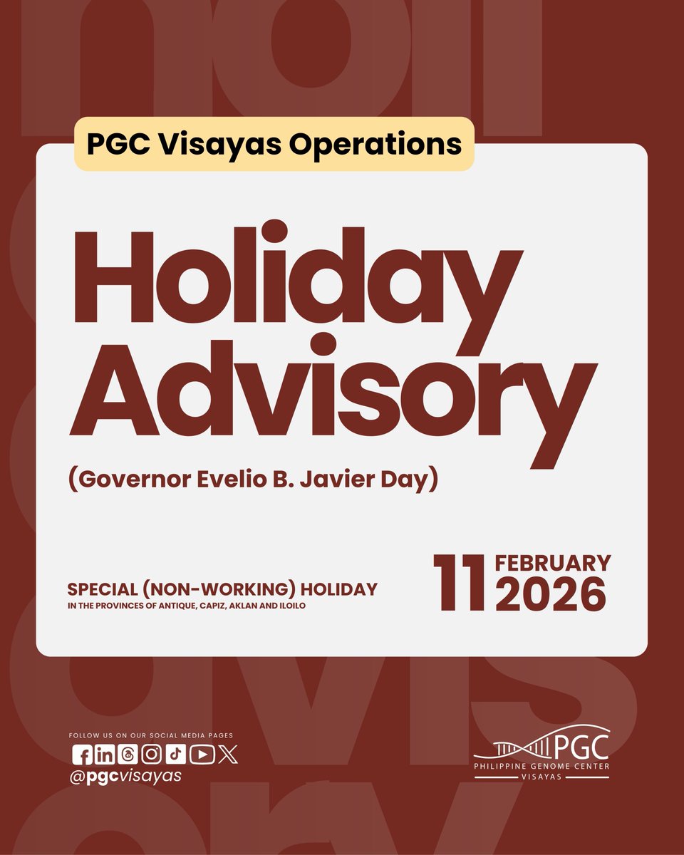 pgcvisayas's tweet photo. Holiday Advisory: Governor Evelio B. Javier Day

Please be advised that laboratory operations will be temporarily suspended on February 11, 2026.

Regular laboratory operations will resume on February 12, 2026 (Thursday). https://t.co/X6KvApqQHb