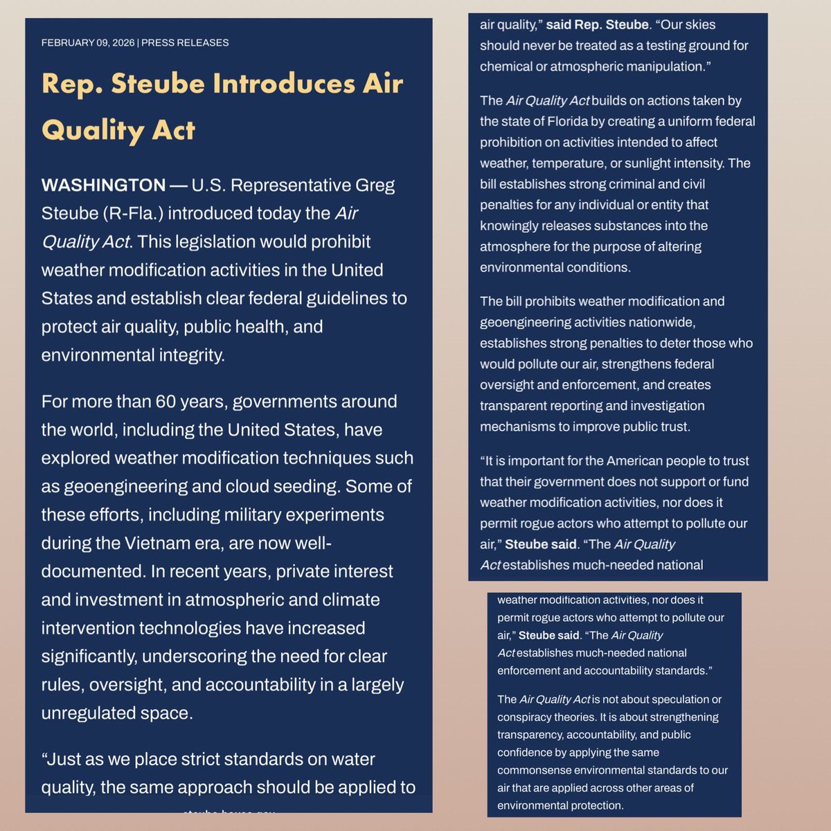 USA‼️2/9/26, The Air Quality Act by <a href="/RepGregSteube/">Congressman Greg Steube</a> - To prohibit weather modification within the United States &amp; for other purposes. $100K fine, up to 5 yrs.
-No Federal department or agency or any recipient of Federal funds may authorize or conduct any research, testing or