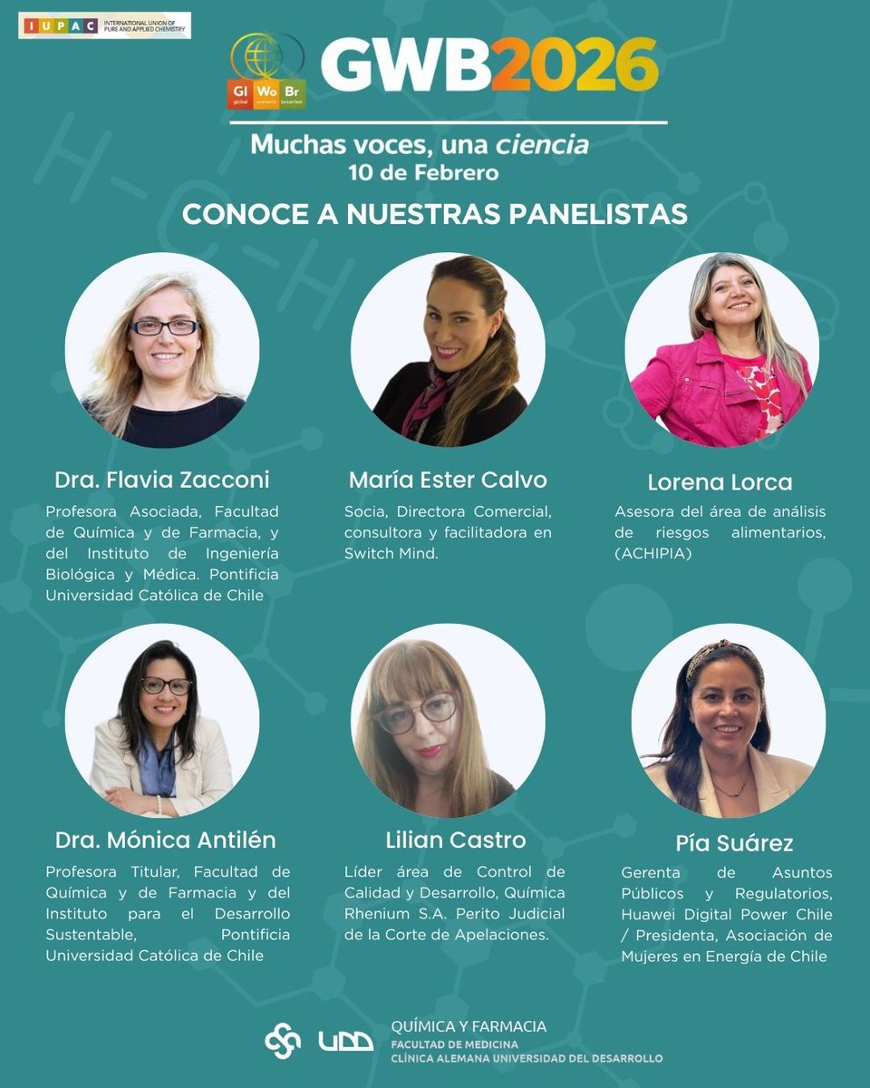 🌟 ¡Conoce las destacadas panelistas del #GWB2026 Chile! 🌍🔬
Únete a ellas el 10 de febrero, 10:00 horas a.m.
📢 Evento gratuito | Formato online.
🔗 Reserva tu lugar 👉 bit.ly/4aliEf5

#GWB2026 #ManyVoicesOneScience #MujeresEnCiencia #STEMChile #STEM