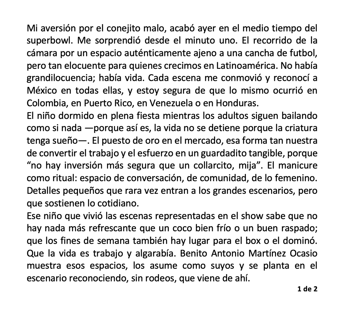 itzelortizz's tweet photo. Sigo conmovida por el medio tiempo del #SuperBowl #BenitoBowl. He trabajado años para y con los mexicanos en el exterior.  Lo de ayer fue valiente y necesario en el contexto antiinmigrante. 
@sanbenito hizo un manifiesto donde sólo se esperaba música y show.
Algunas reflexiones: https://t.co/aJ7zKJXbZ9