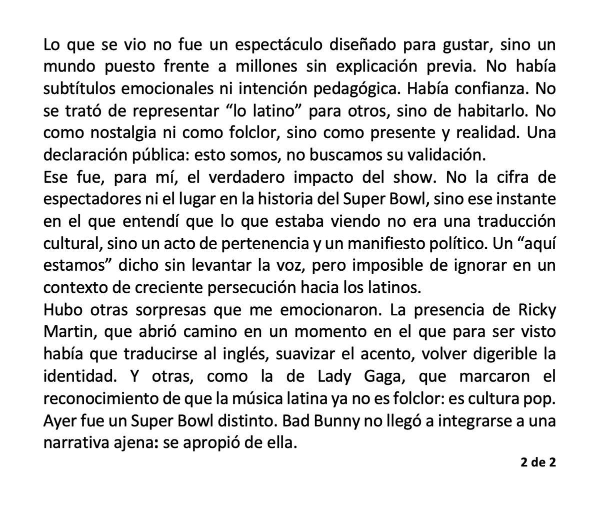 itzelortizz's tweet photo. Sigo conmovida por el medio tiempo del #SuperBowl #BenitoBowl. He trabajado años para y con los mexicanos en el exterior.  Lo de ayer fue valiente y necesario en el contexto antiinmigrante. 
@sanbenito hizo un manifiesto donde sólo se esperaba música y show.
Algunas reflexiones: https://t.co/aJ7zKJXbZ9