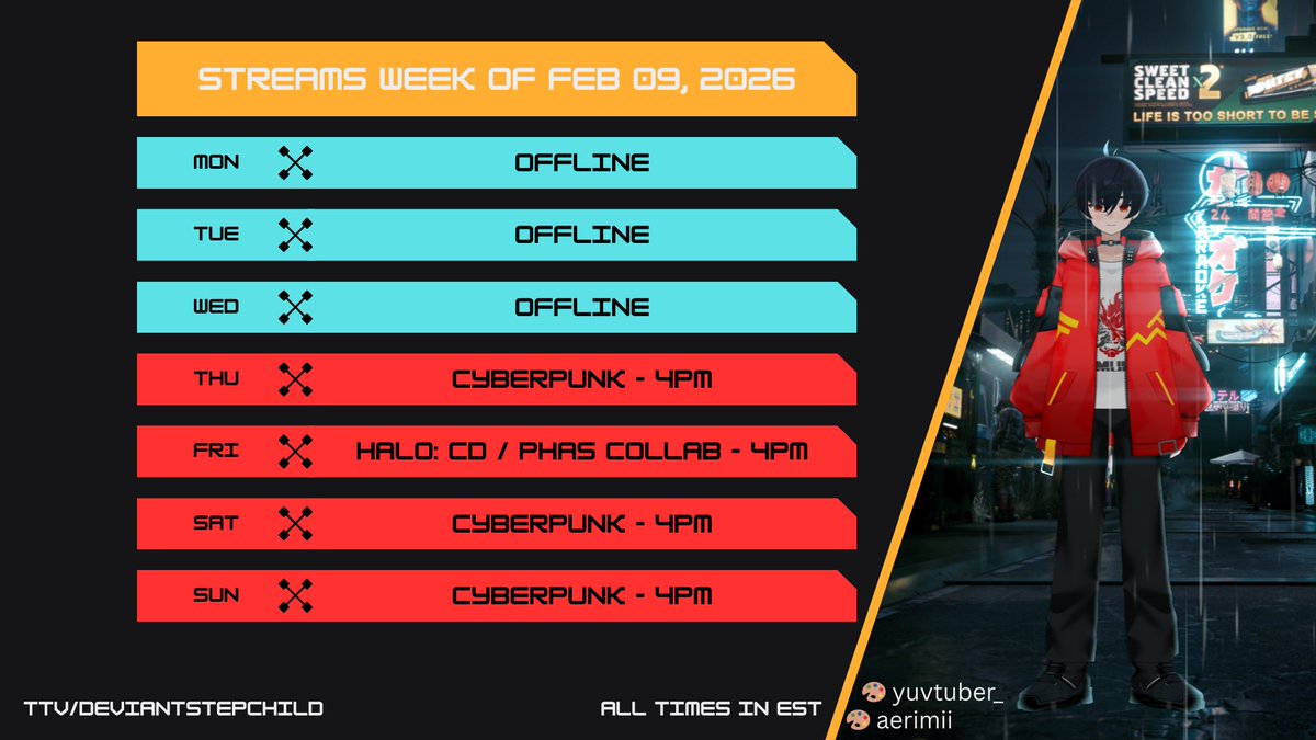 SCHEDULE FOR THE WEEK ORPHANS

ALOTTA <a href="/CyberpunkGame/">Cyberpunk 2077</a> AS USUAL

<a href="/Halo/">Halo</a> FRIDAYS ARE BACK &amp; <a href="/PlayPhasmo/">Phasmophobia</a> COLLAB WITH <a href="/ItsCassiopeiya/">Cass 💖💫 Currently Rebranding!</a>, <a href="/hamzachaTK/">Hamza 🌟💜</a> &amp; <a href="/Luxi3st/">LUXIEST | CYBERPUNK VTUBER</a> RIGHT AFTER HALO FRIDAY CONCLUDES !!! 

FUN TIMES, GOOD VIBES - SEE YA THERE ORPHANS

twitch.tv/deviantstepchi…