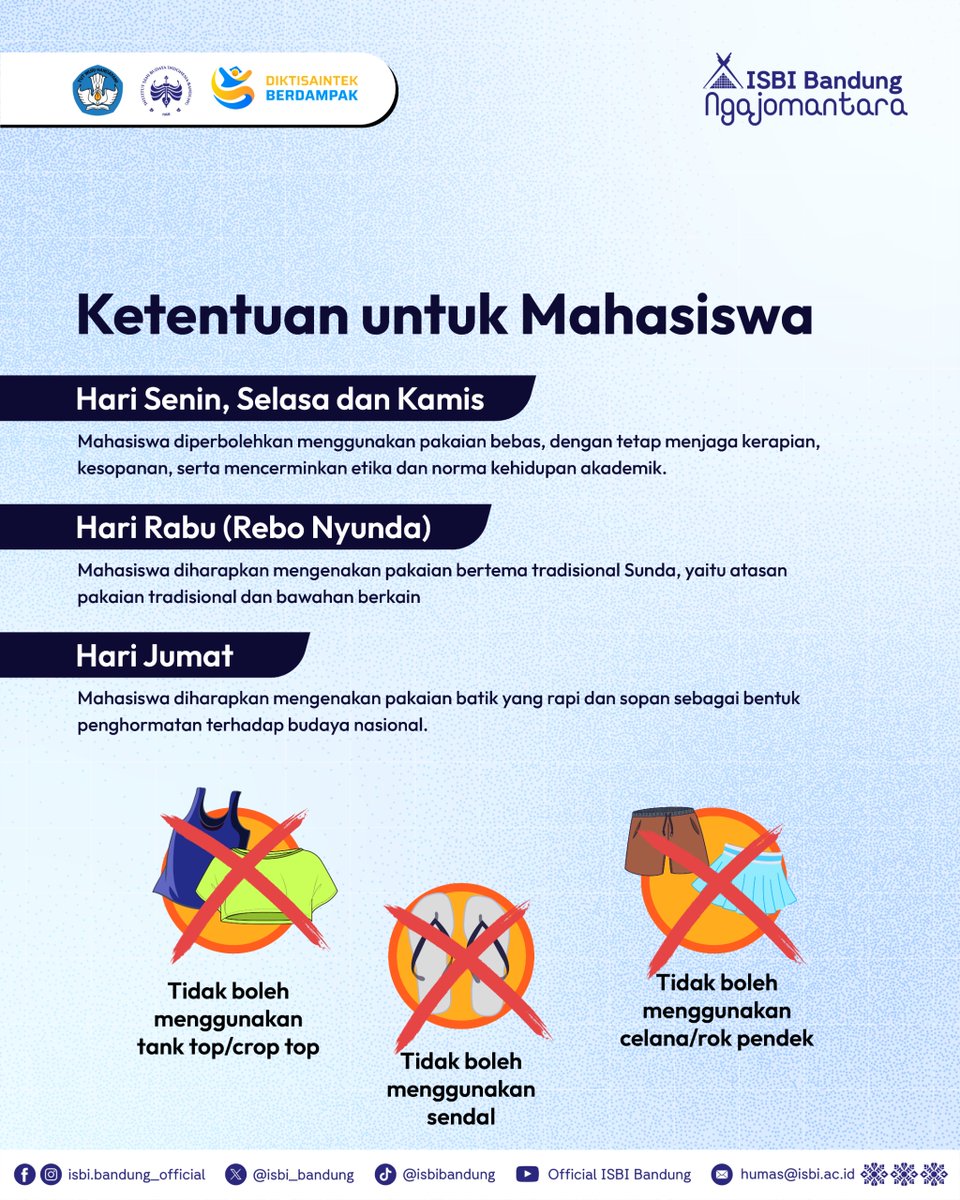 Ketentuan Berpakaian di Lingkungan ISBI Bandung📌

isbi.ac.id/ketentuan-berp…

Mari bersama-sama menciptakan lingkungan kampus yang tertib, profesional, dan berkarakter ✨

Salam Seni dan Budaya!

#ISBIBandung #KetentuanBerpakaian
#CentreofCreativity #DiktisaintekBerdampak
