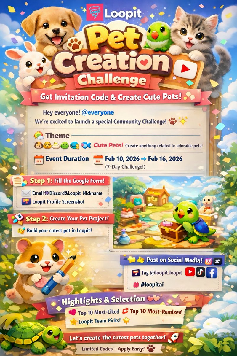 LoopitAi's tweet image. 🐾 Who’s the Cutest? The Loopit Pet Challenge Starts NOW! 🐶🐱

Got a soft spot for fur babies? Whether it’s a cozy cat scene or a puppy mini-game, it’s time to bring your dream pets to life on Loopit! 🌈✨

🗓️ 7 Days Only: Feb 10 – Feb 16

🚀 How to Join the Paw-ty:
1️⃣ Snag your…