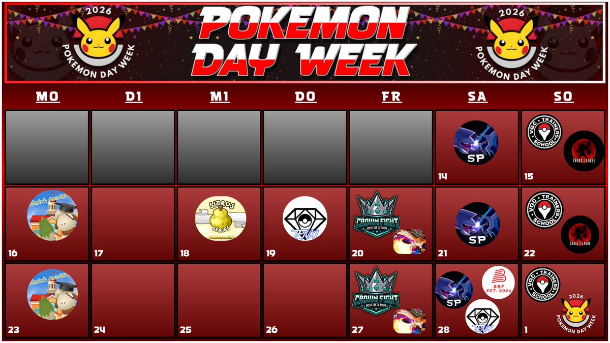 👑 Our Pokémon Day Week Tournaments 👑

📅 Feb 20, 2026 | ⏰ at 6.00 pm (CET)
REG F 👑 Crown Fight Tour x Pokémon Day Week
👉 play.limitlesstcg.com/tournament/695…

📅 Feb 27, 2026 | ⏰ at 6.00 pm (CET)
REG F 👑 Crown Fight Tour x Pokémon Day Week
👉 play.limitlesstcg.com/tournament/695…