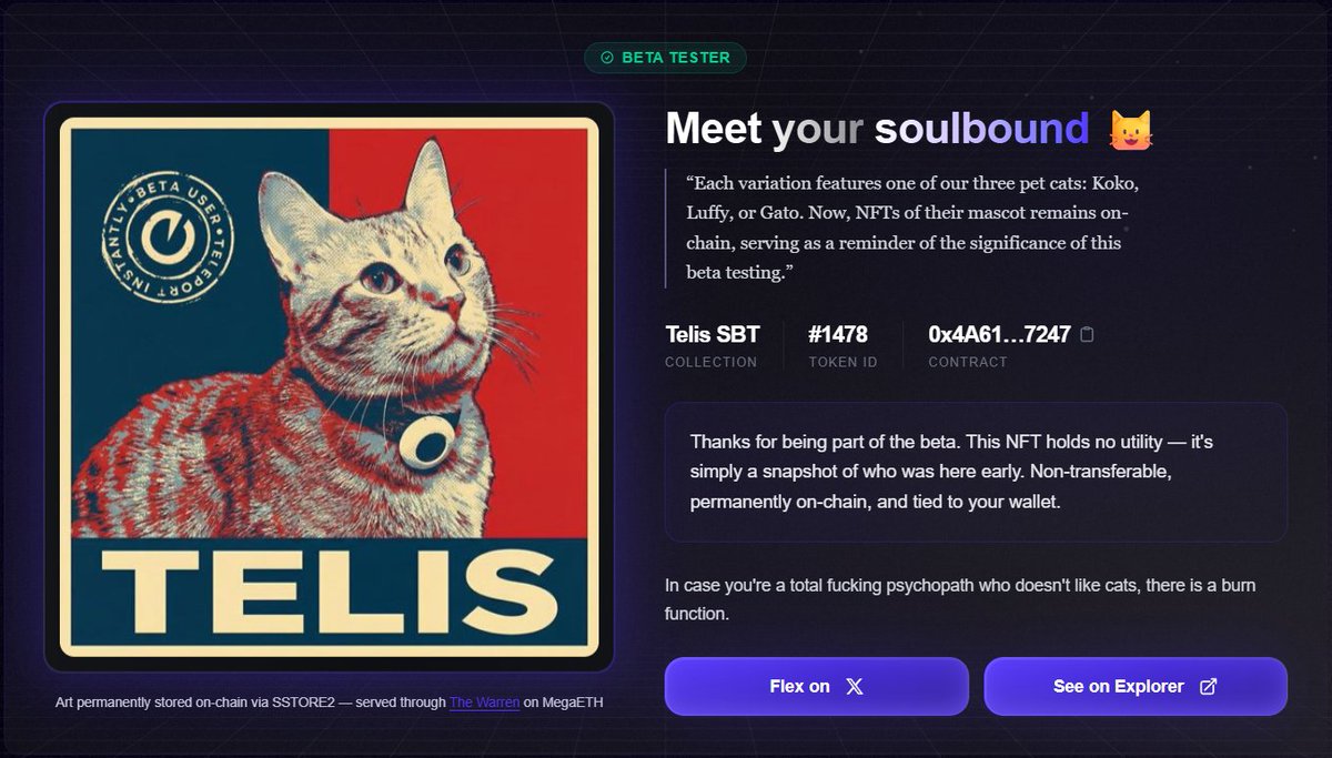 .<a href="/telisxyz/">Telis</a> just dropped soulbound nfts for their beta testers.

If you had bridged to MegaETH through them for the past few day you might wanna check your wallet.

You can claim it at app.telis.xyz.