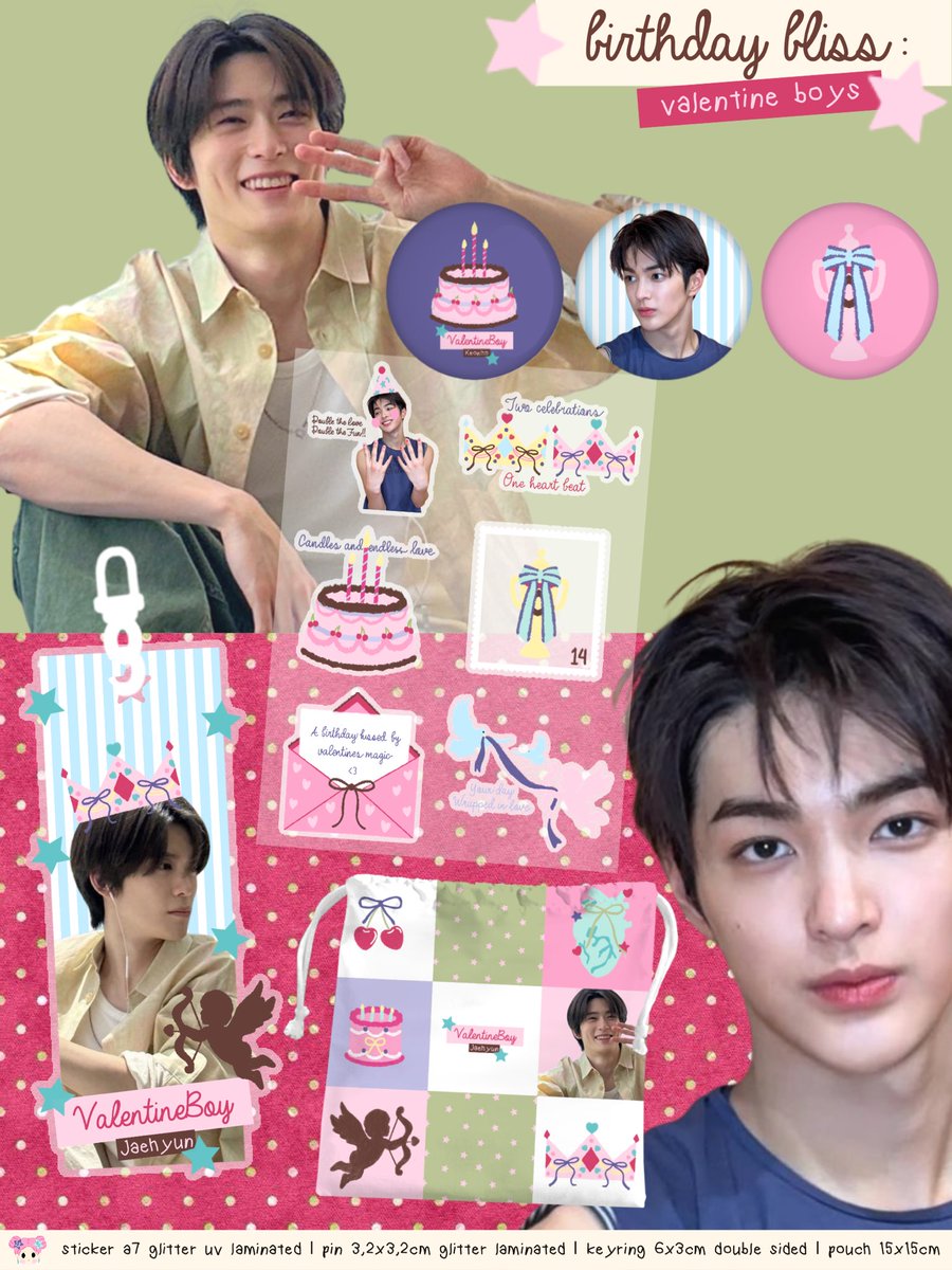 [ like and re-share are very appreciated ]

open pre-order! birthday bliss : valentine boys

sticker 20,000
pin 15,000
keychain 30,000
pouch 25,000

avail for jaehyun nct keonho cortis
10/02 - 16/02

gform — bit.ly/valentineboys

WW GO please kindly contact us first! thank you