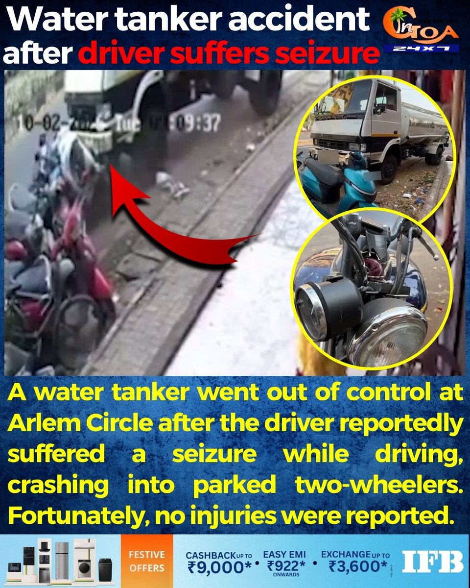 InGoa24x7's tweet image. Water tanker accident after driver suffers seizure

#Goa #Goanews #Watertanker #Driver #Seizure